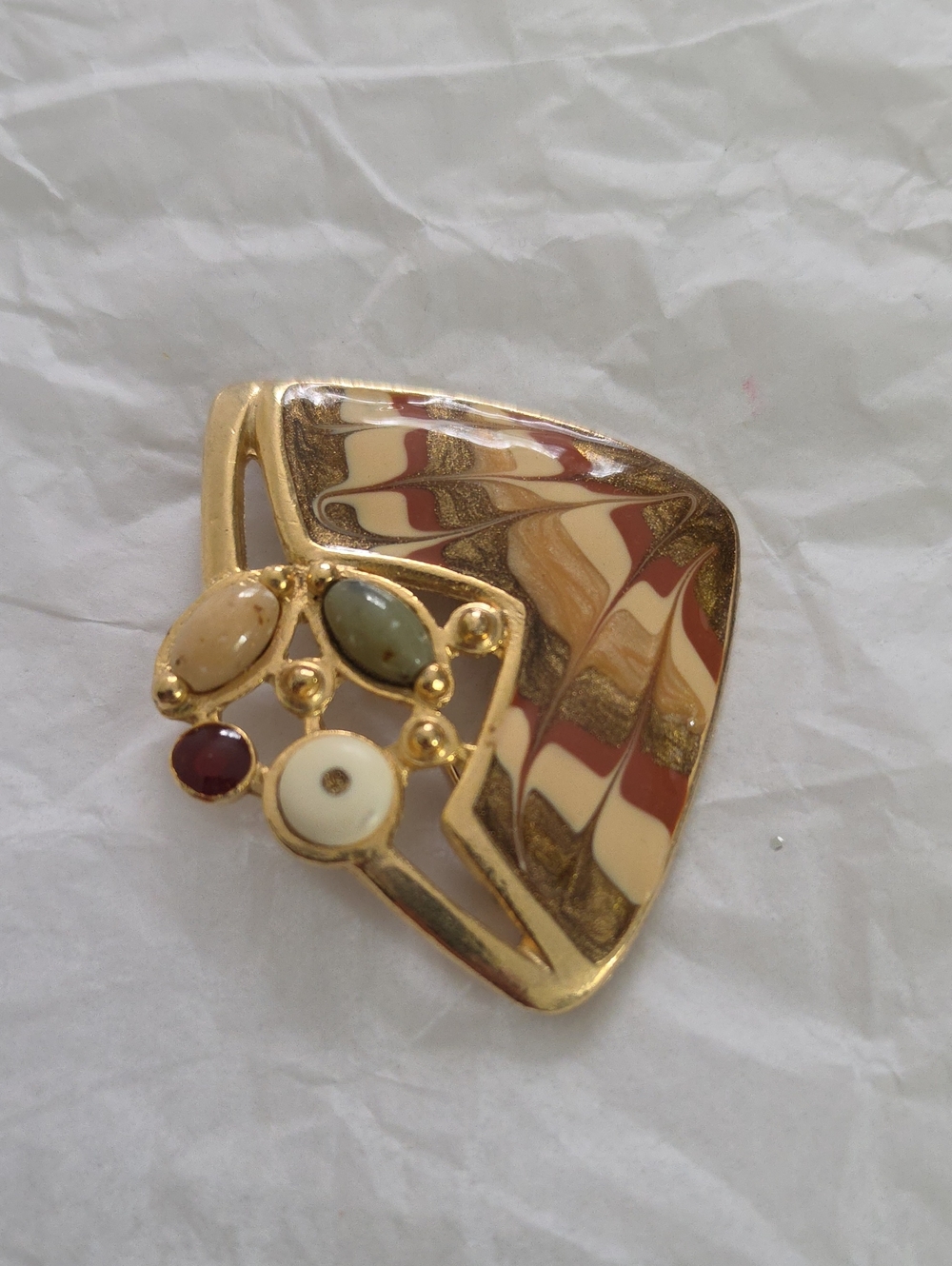 Vintage Gold-Tone Multicolor Abstract Resin & Stone Statement Brooch